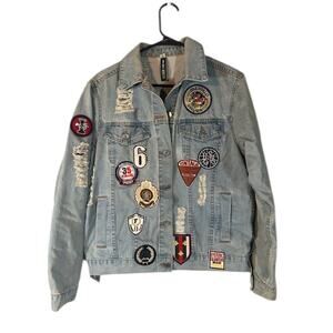 Design Lab Lord & Taylor Light Blue Patch Streetwear Denim Jean Jacket Women M